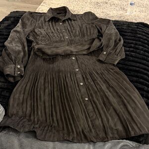 DKNY Black Pleated Long Sleeve Dress